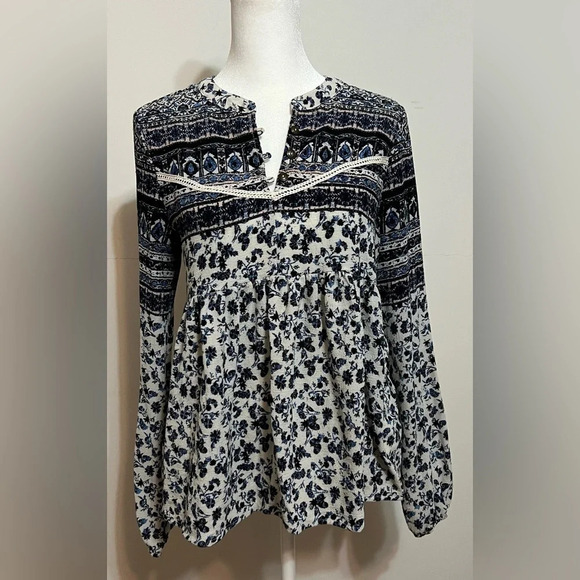 living doll Tops - Living Doll Blue/Black/Ivory Peasant Blouse w/ Ivory Embroidery, Large B1